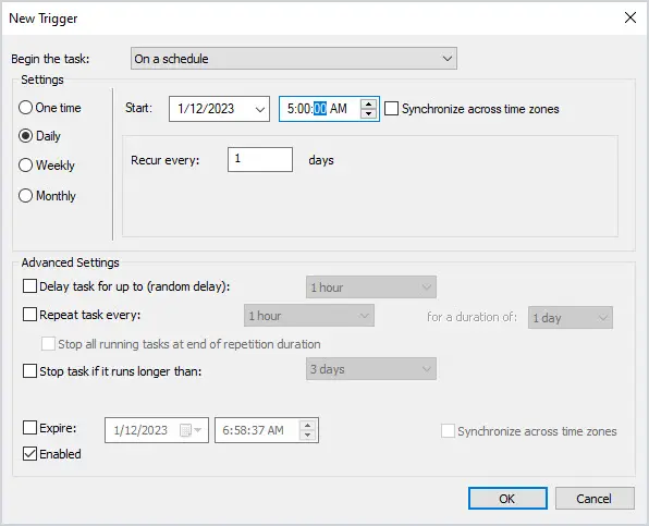 New trigger dialog set to run the task daily at 5:00 am