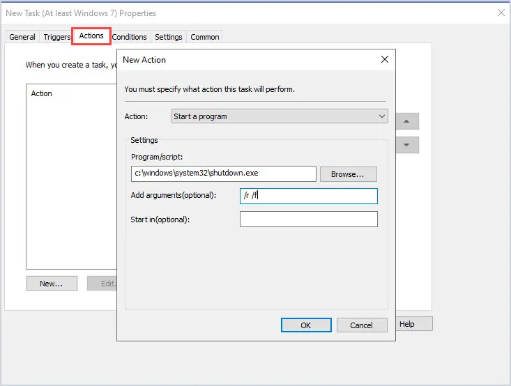New action dialog running shutdown.exe with the /r /f arguments