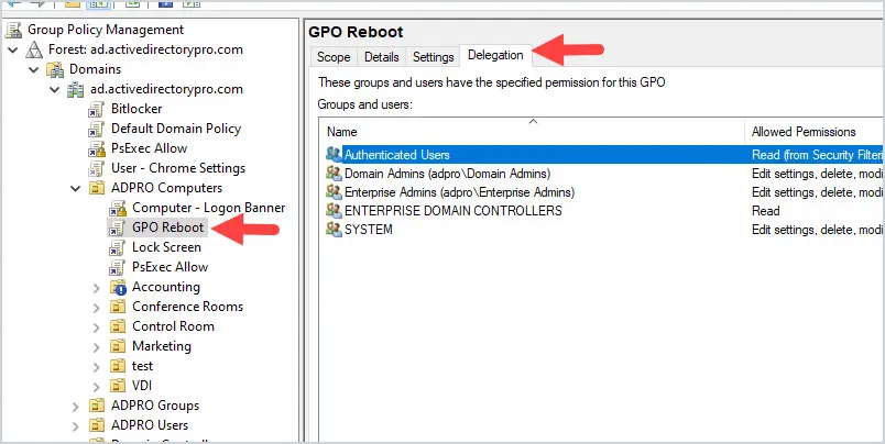 Delegation tab of the GPO with the Advanced button in the lower right