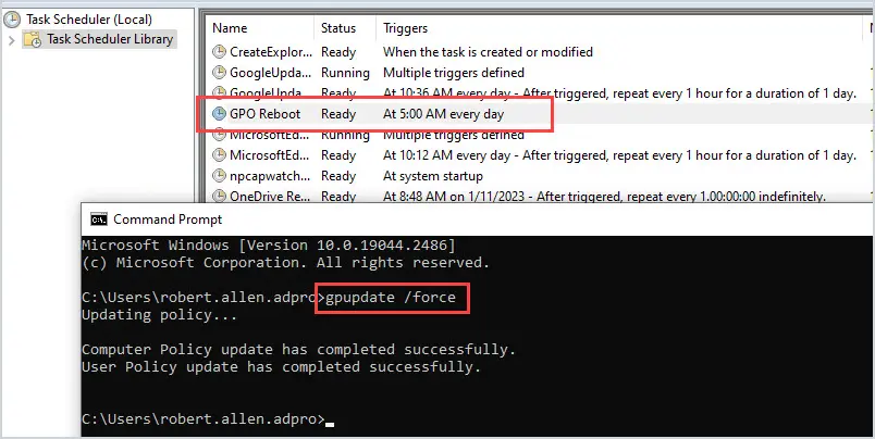 Task Scheduler on a client showing the GPO Reboot task created after gpupdate