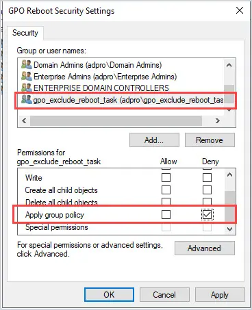 Security settings with the exclusion group set to Deny on Apply group policy