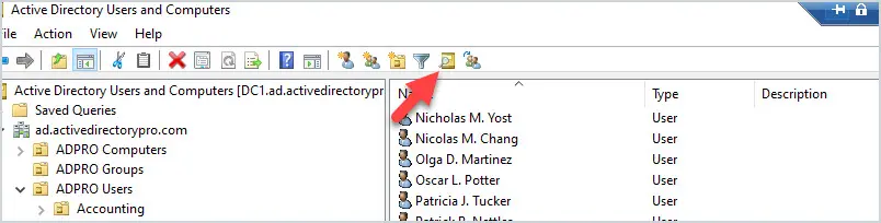 ADUC toolbar with the Find icon highlighted