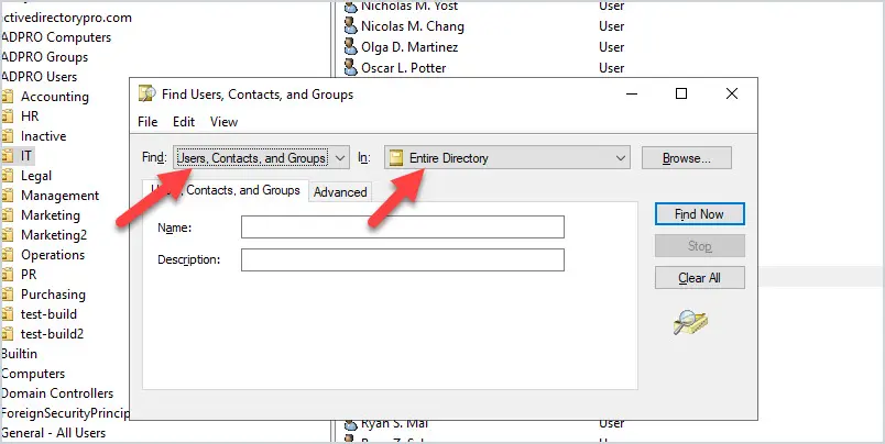 Find dialog with the object type drop down and the entire directory scope