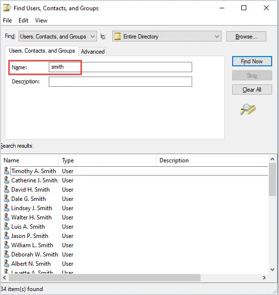 Search results listing every user whose name matches the keyword