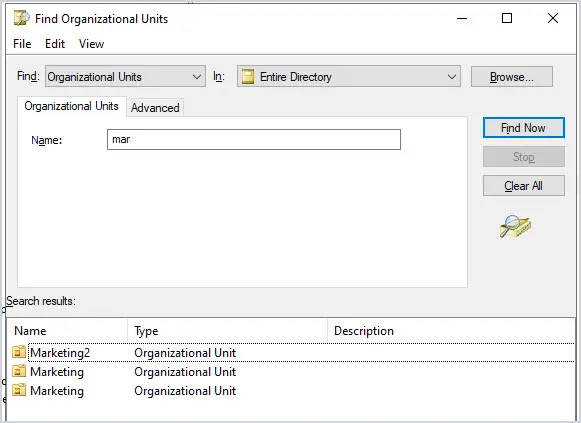 Find dialog set to Organizational Units returning three matching OUs