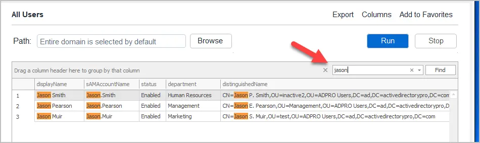 Toolkit report filtered by a name keyword using the search icon