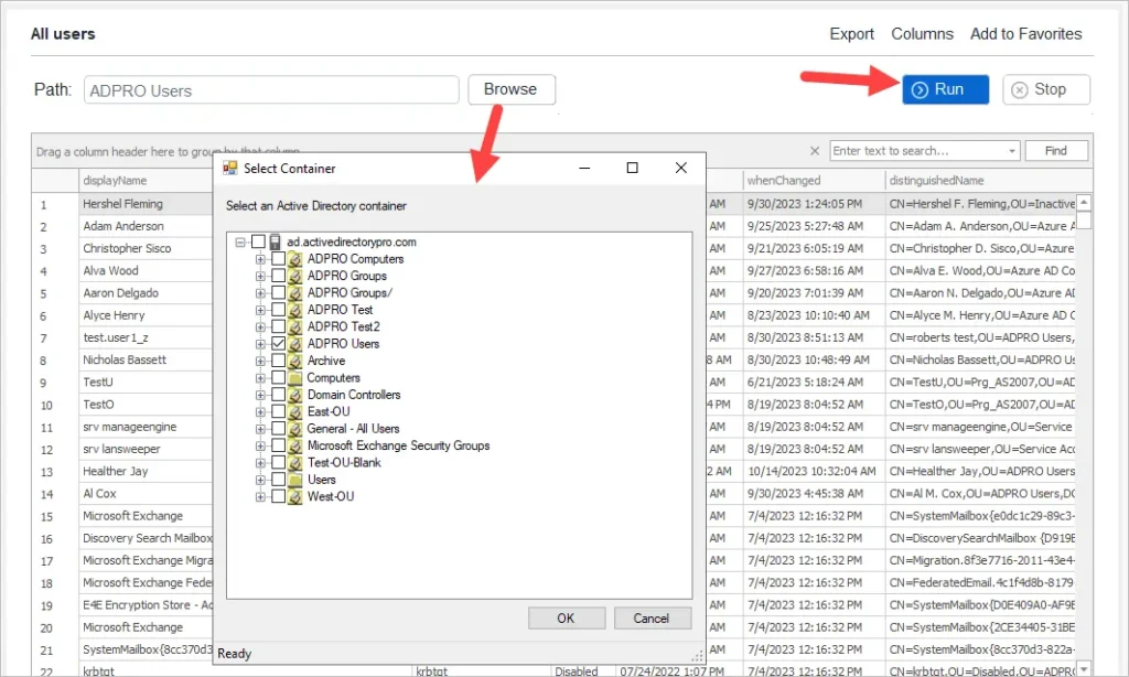 Selecting an OU to scope the report before running it
