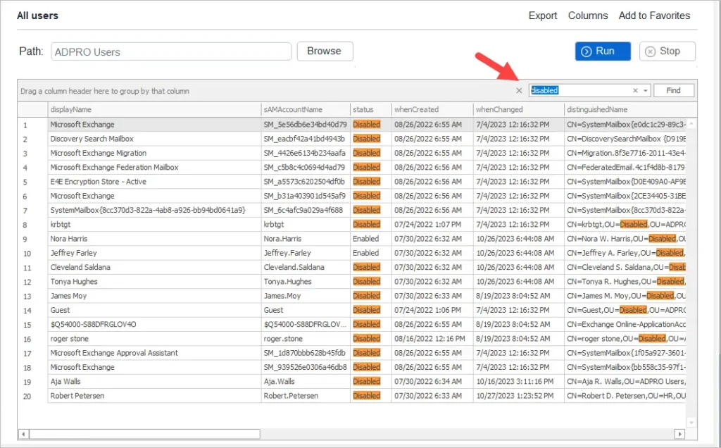 Report of users from the selected OU with the search box open