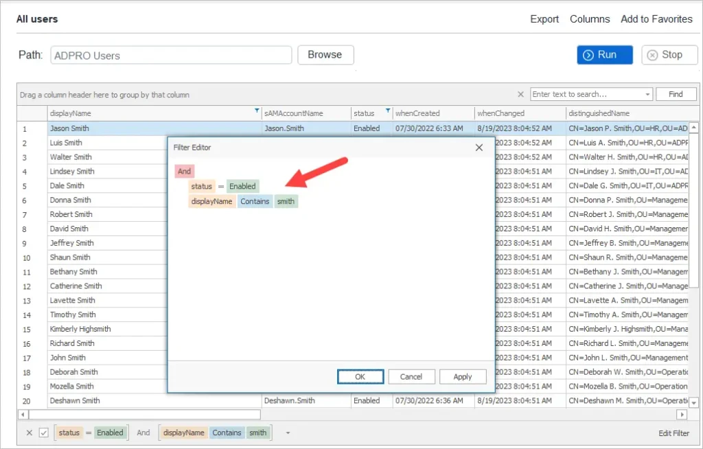 Filter editor building a query for enabled users matching a display name