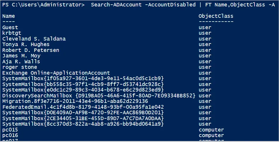 Search-ADAccount output listing disabled objects with their name and class