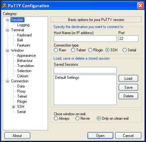 PuTTY configuration window with its saved sessions list