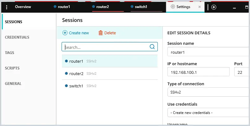 Session settings screen reached from the Solar Putty dashboard