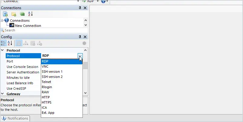 mRemoteNG protocol list showing the connection types it supports