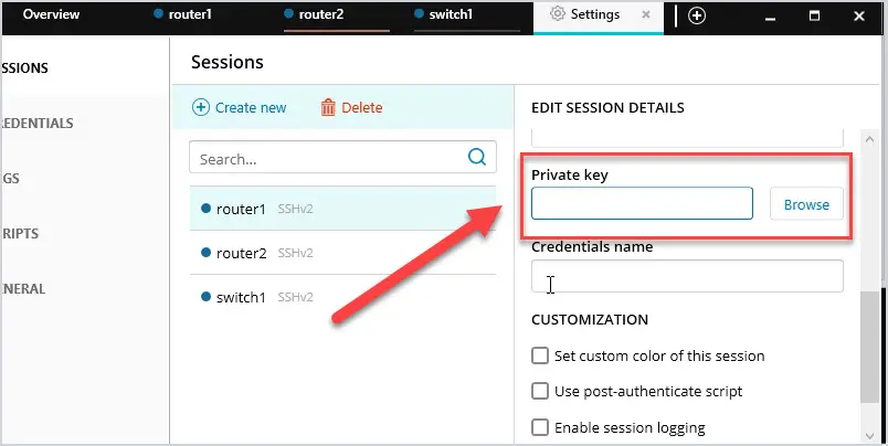 Session settings for authenticating with an SSH private key