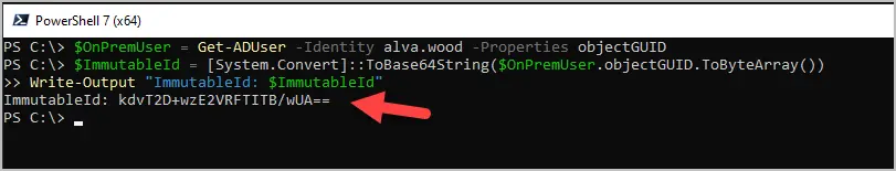 PowerShell converting the on-prem objectGUID into a Base64 ImmutableId value
