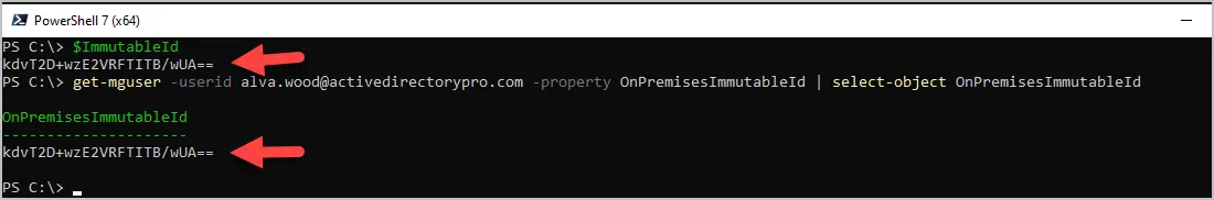 Get-MgUser output confirming the cloud account's updated OnPremisesImmutableId