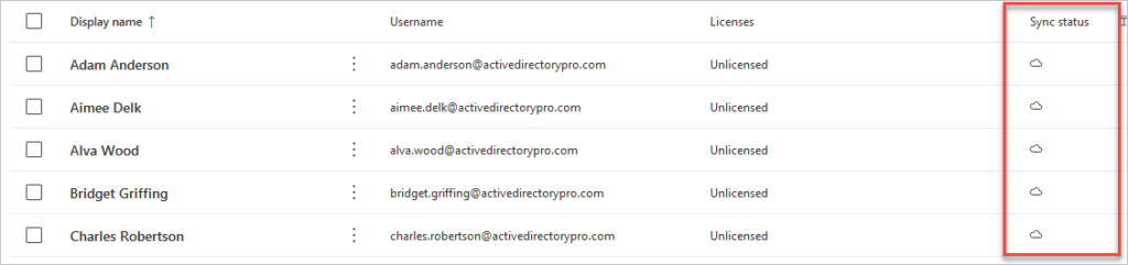 Azure portal listing five cloud only user accounts