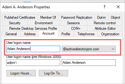 Account tab of the on-prem user showing the user logon name matching the Azure username