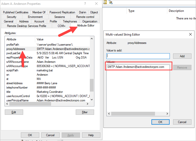 Attribute editor with the primary SMTP address added to proxyAddresses