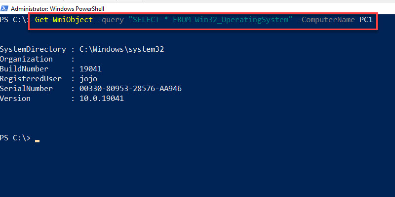 Same WMI query run against a remote computer and returning results