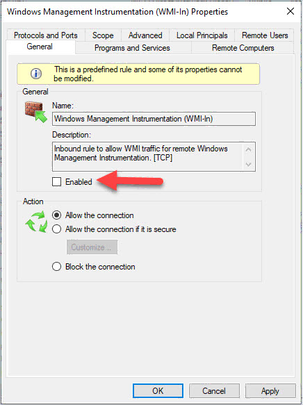 Windows Firewall inbound rules with the WMI-In rule being disabled