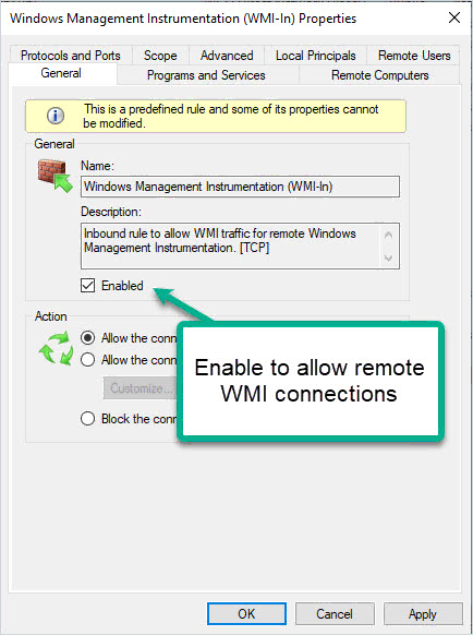 Windows Firewall inbound rules with the WMI-In rule enabled