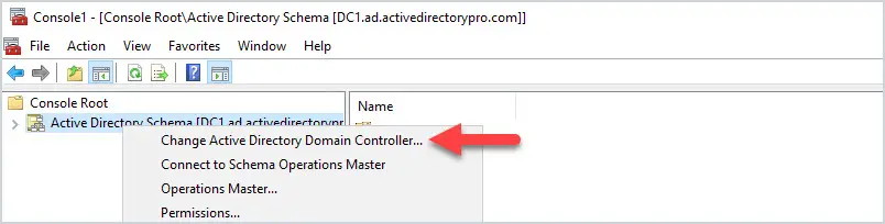 Active Directory Schema snap-in being pointed at the target domain controller