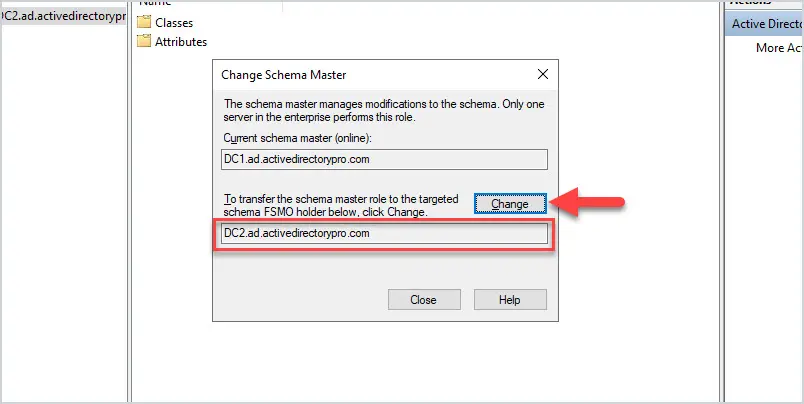 Confirmation dialog for transferring the schema master role to the new DC
