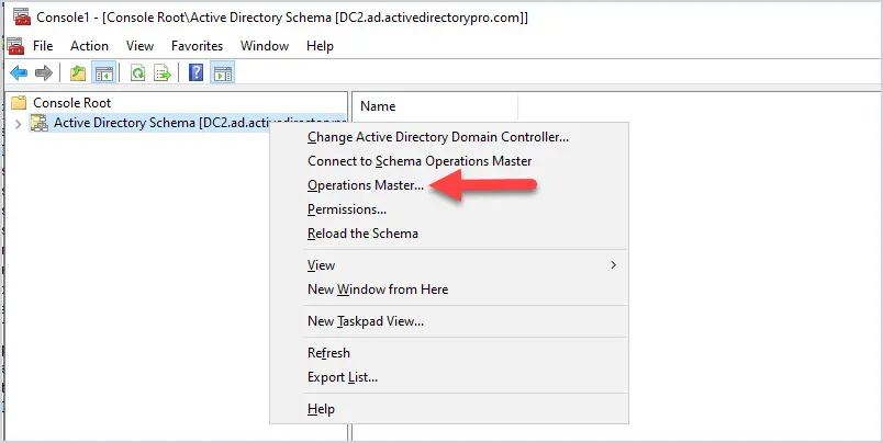 Active Directory Schema right clicked with Operations Master selected