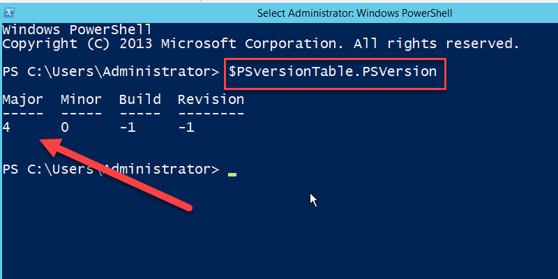 PSVersionTable output showing the server running PowerShell version 4