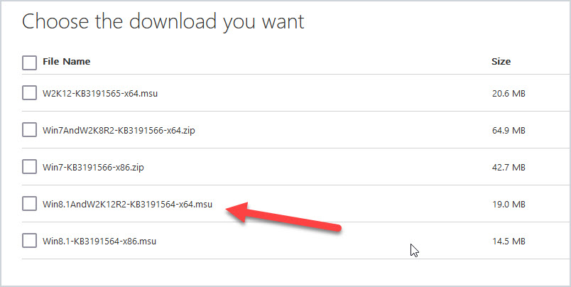 Microsoft download page listing the WMF 5.1 packages for each operating system