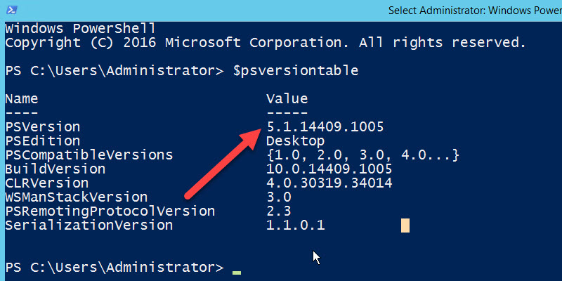 PSVersionTable output confirming PowerShell 5.1 after the upgrade