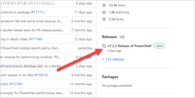 PowerShell GitHub page with the latest release listed in the releases section