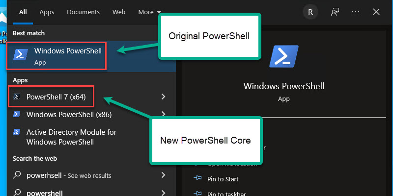 Start menu showing PowerShell Core installed alongside PowerShell 5.1