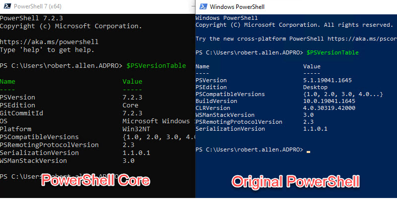 Two consoles side by side reporting the Core and 5.1 version numbers