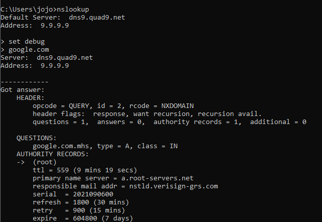set debug mode for nslookup