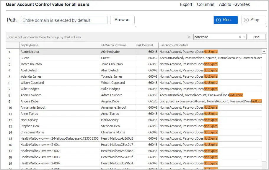 Report filtered to PasswordDoesNotExpire accounts with their differing UAC decimal values