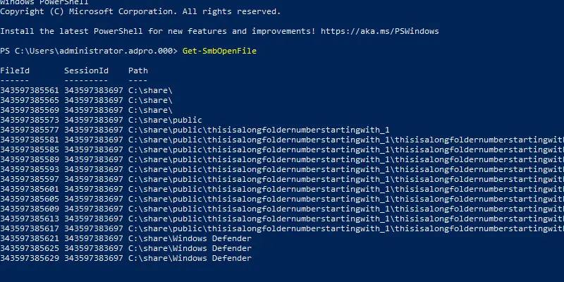 Get-SmbOpenFile output listing the file ID, session ID, and path