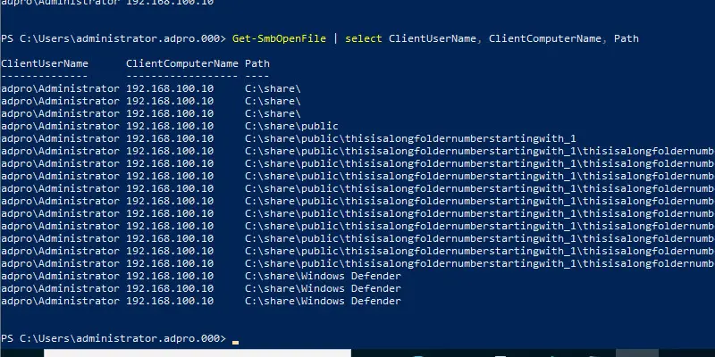 Open files listed with the client user name and client computer name columns