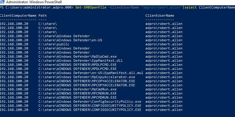Open files filtered to a single user with their computer and file paths