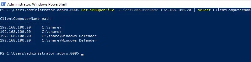 Open files filtered to one client computer by IP address