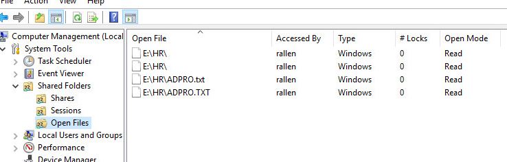 Shared Folders Open Files list showing which user has each file open