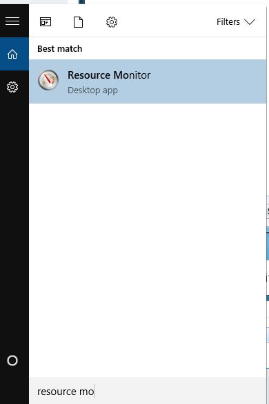 Start menu search for Resource Monitor