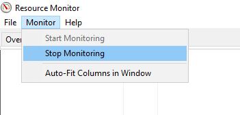 Resource Monitor Monitor menu with Stop Monitoring selected