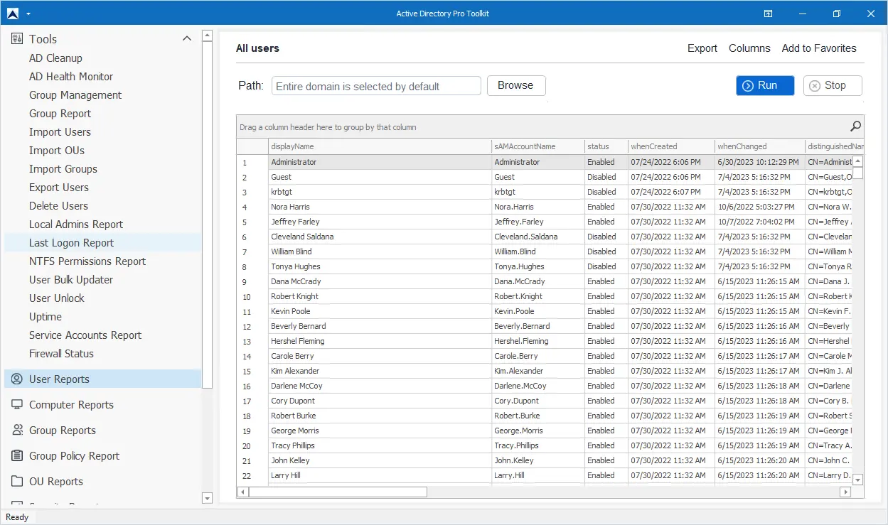 AD Pro Toolkit main window showing its Active Directory management tools