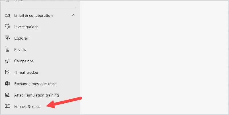 Microsoft 365 security portal with Policies and rules selected in the left navigation