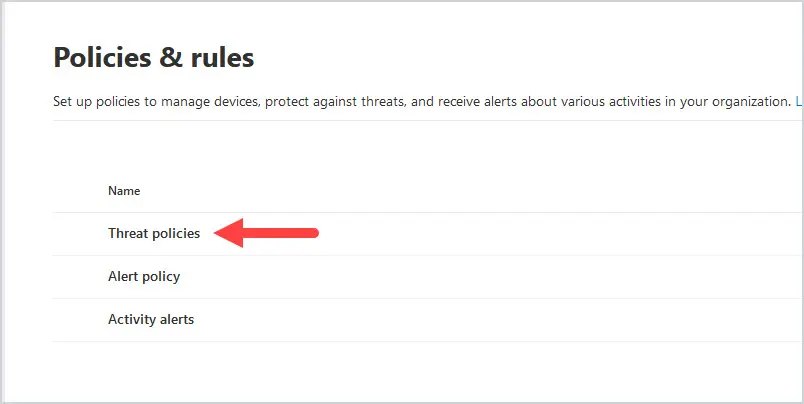 Policies and rules page with Threat policies selected