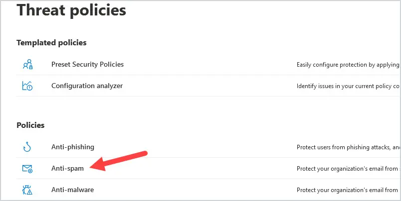 Threat policies page with Anti-spam policies under the Policies section