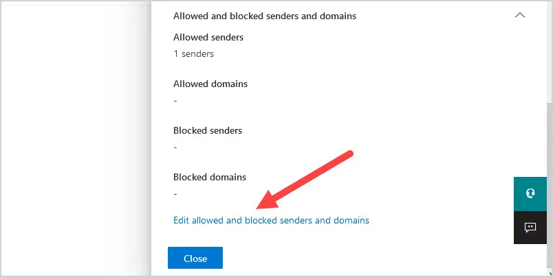 Bottom of the inbound policy pane with Edit allowed and blocked senders and domains
