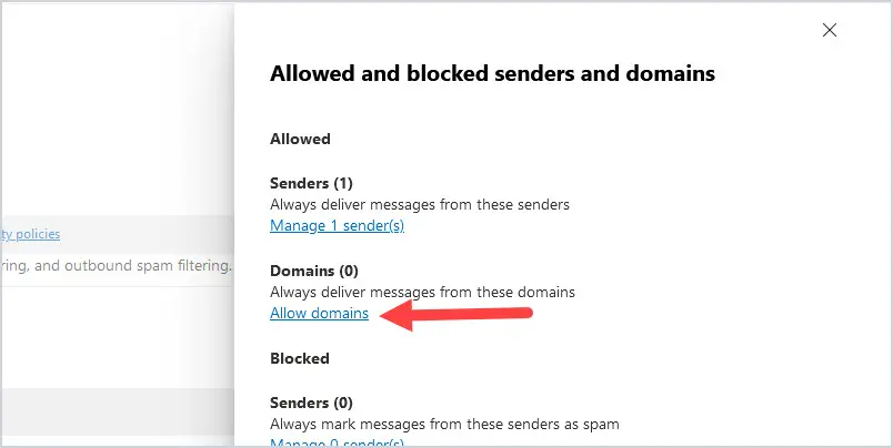 Allowed and blocked senders screen with Domains under the Allowed section
